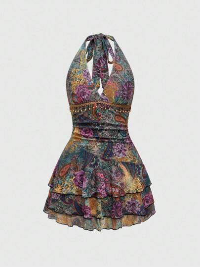 Hippie Western Boho Style Beaded Fringe Bodycon Mini Halter Dress For Women