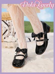 Dola Lovely Women's Bowknot Round Toe Mary Jane Shoes, Shallow Buckle Thick Heel High Heels, Fashionable Versatile White Shoes