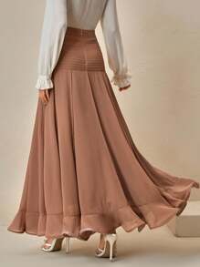 Anewsta 女士优雅高腰褶皱雪纺荷叶边下摆半身裙 - 摩卡棕 - 查看 3