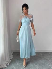 Elenzga Vestido elegante y casual para mujer con cuello de chal de malla bordada, plisado y tirantes para uso en casa u exterior