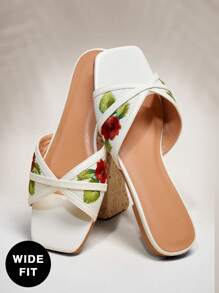 SHUZIA 女式宽版时尚舒适草编拉菲草带平底凉鞋 - 白色 - 查看 4