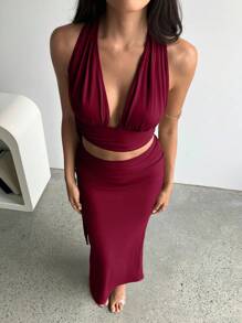 Aloruh Women's Elegant Sexy Deep V Chest Detail Open Back Ruched Skirt Beach Vacation 2pcs Set - Burgundy - View 6