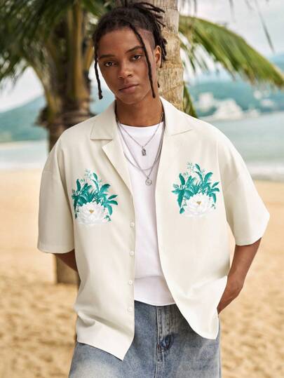 The White Lotus Men's Summer Casual Resort Style Lotus Flower Print Lapel Collar Short Sleeve Shirt