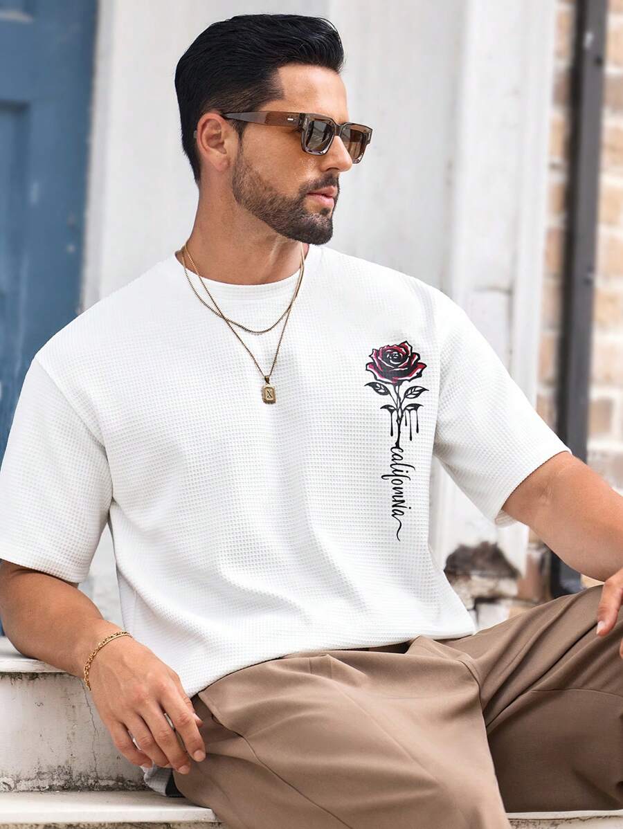 Mainfolk Men's Waffle Knit T-Shirt,Rose 'California' Graphic White,Summer,Streetwear,City Break Relaxed Fit Tee,Elevated Graphic Short Sleeve Oversized Top - White - View 1