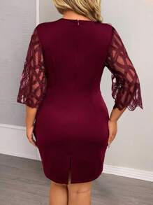 SHEIN Clasi Plus Size Women's Spring & Summer Elegant Party Mesh & Lace Sequin Patchwork Midi Dress - Burgundy - View 2