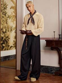 SWAVVY 男士纯色立领长袖休闲宽松针织上衣 - 芥末黃 - 查看 5