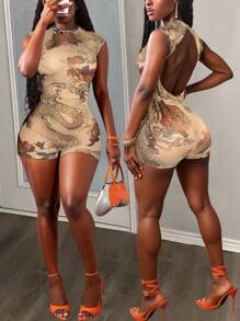 Slaydiva 2025-Summer New Casual Street Music Festival Shopping Sexy Backless Pattern Women's Mesh Skinny Jumpsuit,Street, Party, Travel, Graduation Outfit, Brunch Outfit, Back To School, Sexy, Hot Girl Dragon Print Romper Tattoo Print Romper