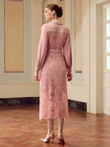 ZEYLAH Women's Elegant Solid Color Lace Splice Midi Dress Fall Cloth For Women - Pink - View 4