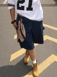 Dripcurv 大码休闲水洗阔腿牛仔短裤 - 藍色 - 查看 6