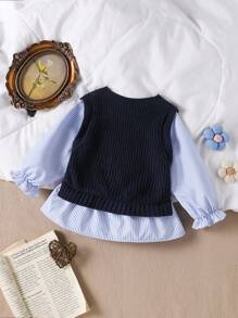Souflis Souflis Baby Girl Blue & White Striped Knit Sweater, Casual Long Sleeve Top Suitable For Daily Wear, School, Outdoor Play And More Fall Winter - Blue - View 2