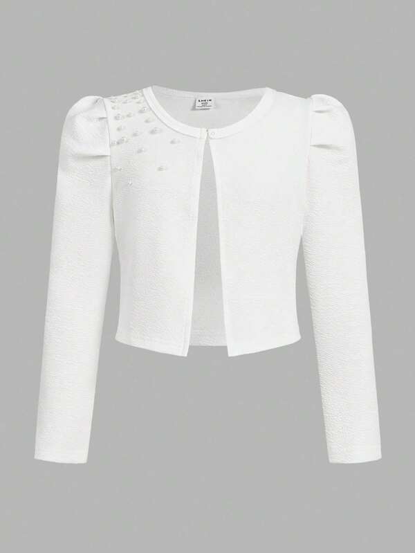 SHEIN WESTFADE Young Teen Girls White Textured Knit Jacket, Elegant Short Length Long Sleeve Jacket With Ruffle Puff Sleeves And Pearl Embellished Shoulders, Versatile And Suitable To Pair With Dresses, Sets, Skirts, Pants