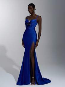 Elitara Elegante, romântico, sexy, azul-marinho, malha elástica, sem alças, babados, decote drapeado, cintura marcada, fivela de metal plissada, cauda removível, cauda de peixe, fenda frontal, vestido de noite para feriados, festas de aniversário, encontros, férias, casamentos, galas, jantares formais - Azul Real - Ver 4