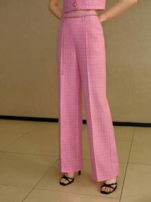 MOTF PREMIUM Pantalones rectos de traje con estampado de cuadros, costura delantera y cinturón con cadena