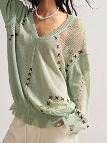 Bohemela 复古镂空刺绣落肩宽松针织毛衣西部复古乡村风度假夏/秋季绿色毛衣针织上衣毛衣上衣针织毛衣夏季毛衣秋季上衣 - 綠色 - 查看 3
