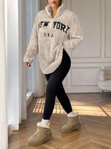 SHEIN EZwear 女士休闲字母印花拉链连帽衫和裤子套装 - 卡其色 - 查看 6