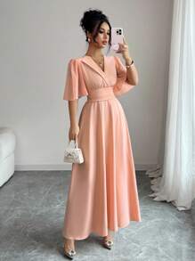 Elenzga New Design Women Polo Collar Waist Pleated Chiffon Patchwork Ruffle Sleeve Casual Daily Elegant Dress - Dusty Pink - View 4