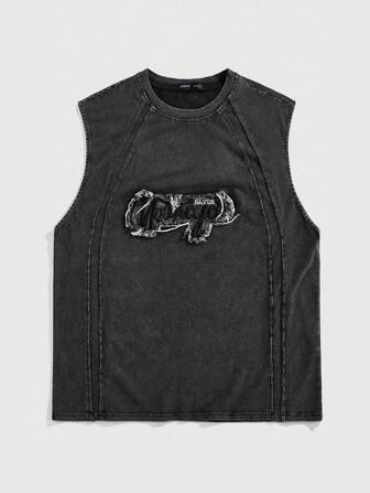Street Life Camiseta sin mangas casual de verano con cuello redondo y apliques bordados para hombre
