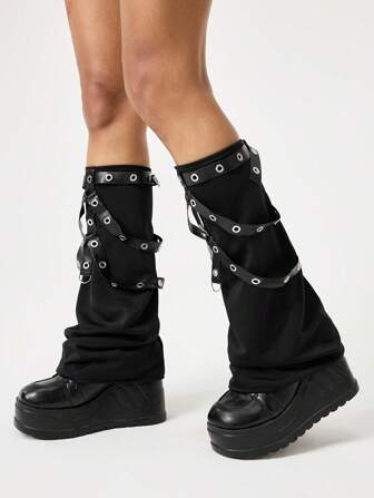 Grunge Punk 1 Pair Punk Style Leg Warmers, Dark Edgy Tube Leg Warmers With Strap & Flare Cuffs, & Slimming, Suitable For Daily Wear And Holiday Parties, With Metal Buckle Belt Decor