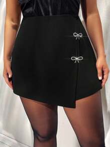 Firerie Plus Size Women Asymmetric Bow Rhinestone Embellished Valentine Black Love/Lover Basic Shorts - Black - View 6
