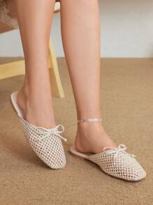 Styleloop Giày bệt đế xuồng cao 1cm có nơ trang trí, chất liệu dệt và PU, màu hạnh nhân, thoải mái và thời trang, phù hợp với phong cách Bohemian, phương Tây, lễ hội âm nhạc, trang phục dự tiệc - Màu be - Xem 7