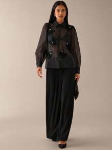 Lilora Sequin Embroidery Sheer Long Sleeve Blouse,Black Summer Elegant Night Out See-Through Shirt,Urban Hand-Cranked Butterfly Leisure Top - Black - View 3