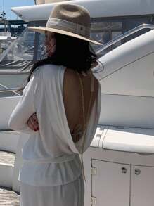 DAZY Women's Solid Color Draped Backless Casual Long Sleeve T-Shirt, Summer Cruise For Women - White - View 6