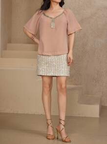 DAZY Women's Elegant Splicing Tape Decor Round Neck Blouse, Summer Carnival - Baby Pink - View 7