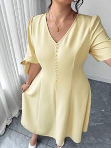 Elenzga Elegantes Kleid in Große Größen für Damen mit einfarbigem Kurzarm V-Ausschnitt und Schleife - Gelb - Übersicht 8