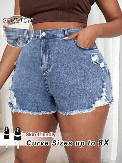 SHEIN CURVE+ 大码女式波纹亚麻黑色牛仔短裤（带口袋和松紧腰带）