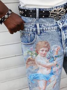 ROMWE MEN Street Life Quần short denim họa tiết thiên thần thường ngày mùa hè cho nam có cạp đôi - màu đen - Xem 2