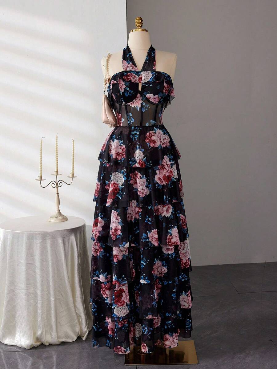 Sweetra Plus Size Women's Floral Print Halter Neck Multi-Layer Dress With Built-In Bra - Black - View 1