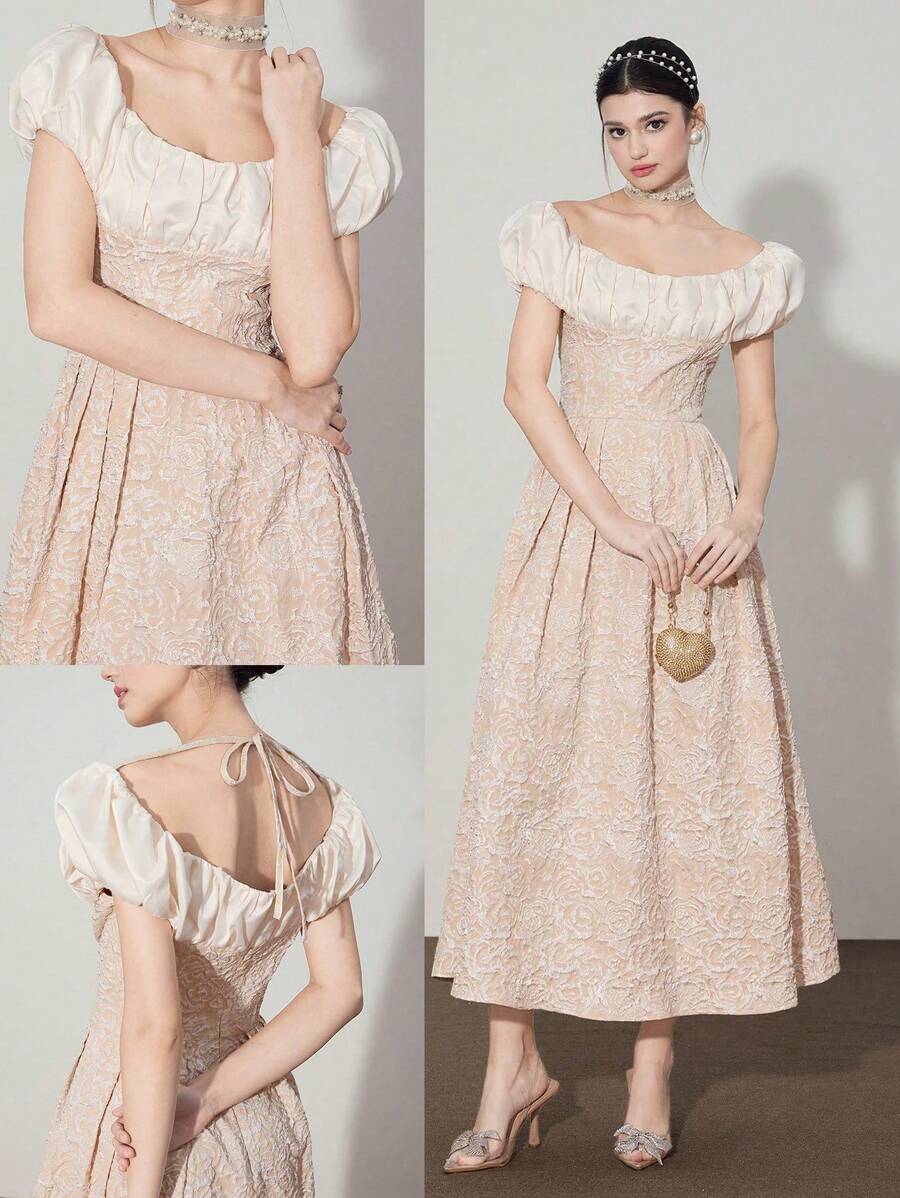 Modelyn 女式露肩花卉提花褶饰优雅连衣裙 - 杏色 - 查看 1