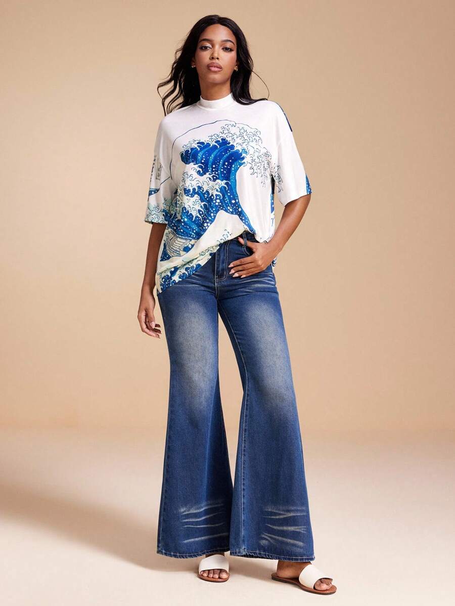 EBIB Full Printed Crew Neck Boxy Fit Oversized T-Shirt Women Summer Casual Top T-Shirt - Multicolor - View 1