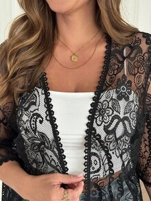 SHEIN LUNE Áo khoác ren mỏng tua rua cho kỳ nghỉ cỡ lớn - màu đen - Xem 7