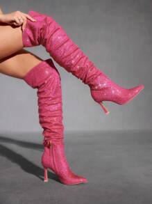 CUCCOO SZL Giày bốt cao đến đầu gối mũi nhọn màu hồng cánh sen đính đá hoàn toàn, gợi cảm, quyến rũ cho buổi biểu diễn, tiệc tùng, hộp đêm, giày cao gót - Màu Hồng Tươi - Xem 3