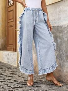EMERY ROSE Jeans a zampa d'elefante con lavaggio effetto delavato, orlo con volant, pantaloni casual adatti per le vacanze