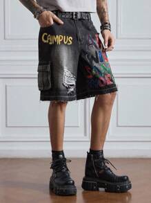 ROMWE MEN Street Life Pantalones cortos de mezclilla casuales para hombre con grafiti pintado a mano - Negro - Ver 6
