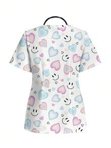 PopScrub Einfaches, lässiges Scrub-Uniform-Oberteil mit Herz- und Lächelgesicht-Muster