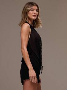 MUSERA 极致垂褶透视露背吊带上衣，饰有硬币滚边细节，性感波西米亚风，适合伊比沙岛音乐节、假日度假、可爱优雅的外出上衣，适合春夏穿着。 - 黑色 - 查看 4