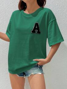 SHEIN EZwear Letter Patched Drop Shoulder Tee - Green - View 3