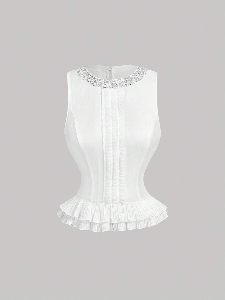 SHEIN MOD Elegant Ruffled Pleated Sleeveless White Blouse For Women - White - View 1