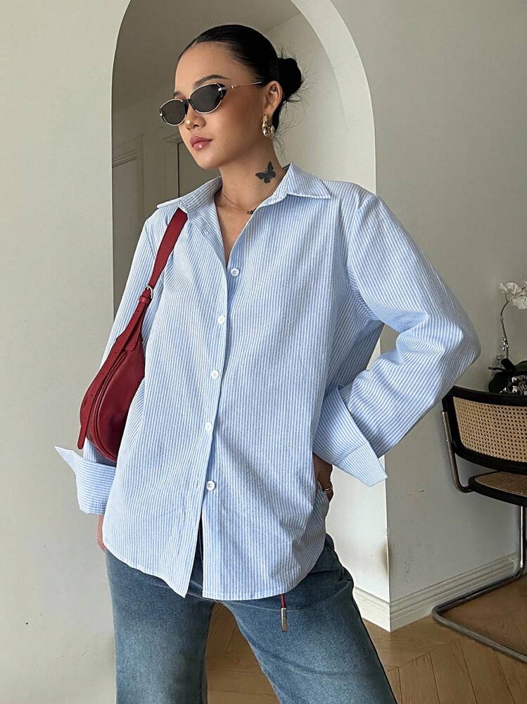 DAZY Camicia a maniche lunghe a righe da donna, alla moda e adatta per l'estate e l'autunno - celeste - Visualizzare 1