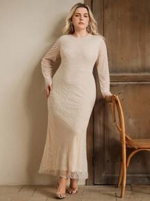 Anewsta Đầm dự tiệc tay dài đính hạt lưới sequin cỡ lớn cho nữ - Màu be - Xem 4