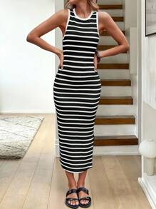 Easowa Black & White Striped Side Slit Midi Dress, Casual Vacation & Office Wear For Women, Spring/Summer - Black - View 4