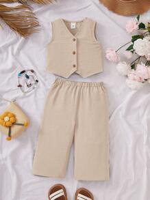 2 件套可爱女婴卡其色无袖上衣和松紧腰裤，夏季服装 - 卡其色 - 查看 8