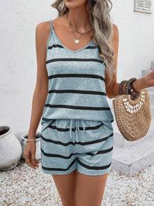 EMERY ROSE 2pcs/Set Women Casual Striped Camisole Top & Shorts Set, Summer