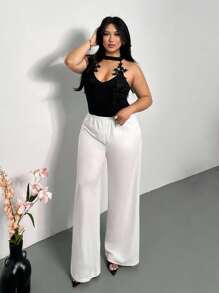 Firerie New Plus Size Women Black Lace Embroidery Splice V-Neck Backless Bodysuit, Sexy Elegant Versatile For Daily Wear, Holiday, Date, Autumn/Winter - Black - View 6