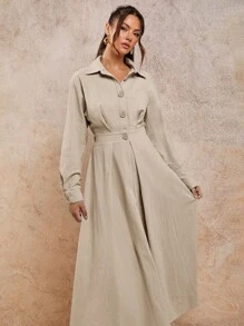 COSMINA 女士优雅收腰超长连衣裙，四季，商务休闲女装，女士工作服，女士婚礼宾客礼服，女士冬季连衣裙，女士秋季连衣裙 - 杏色 - 查看 4