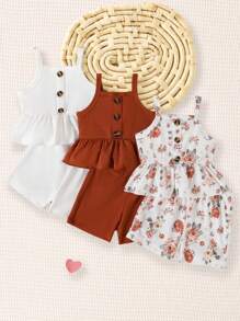 SHEIN Vintaside Kids 3pcs/Set Baby Girl's Colorful Ribbed Graphic Tank Top And Elastic Waist Loose Shorts Beach Outfit, Spring/Summer - Multicolor - View 8
