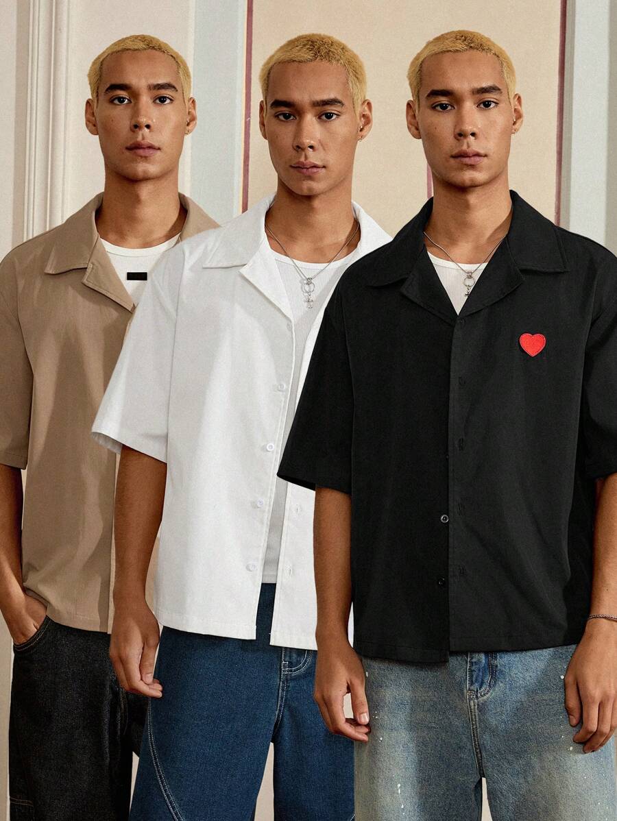 Manfinity VCAY Men's Summer Heart Embroidery Single-Breasted Casual Shirt